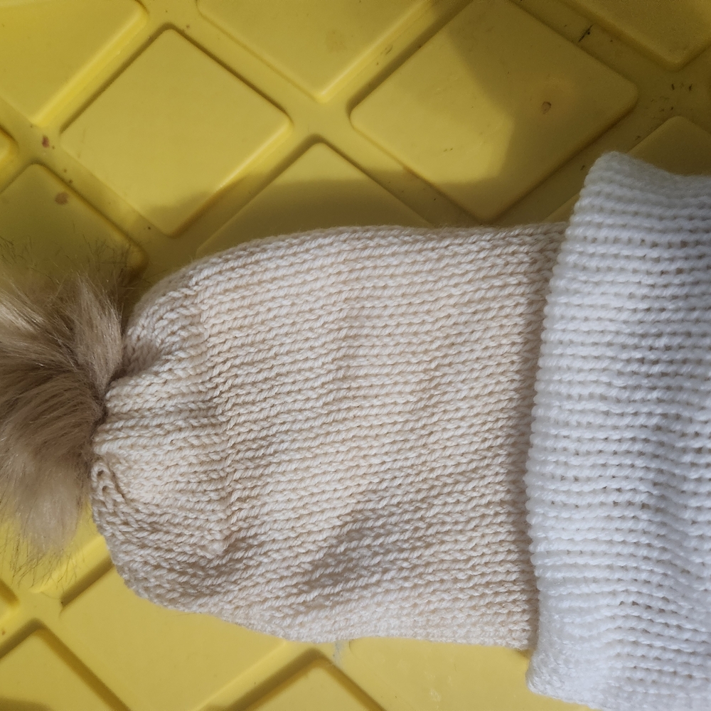 New! Hand Knitted Cozy Cream Knit Beanie with Pom Pom